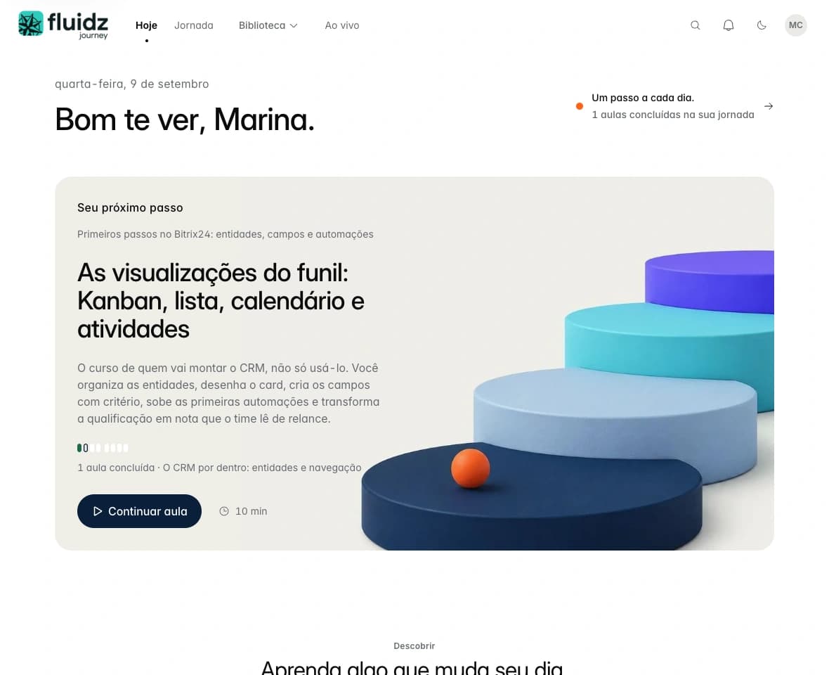 Página Hoje da Fluidz Journey, com próximo passo e progresso do aluno